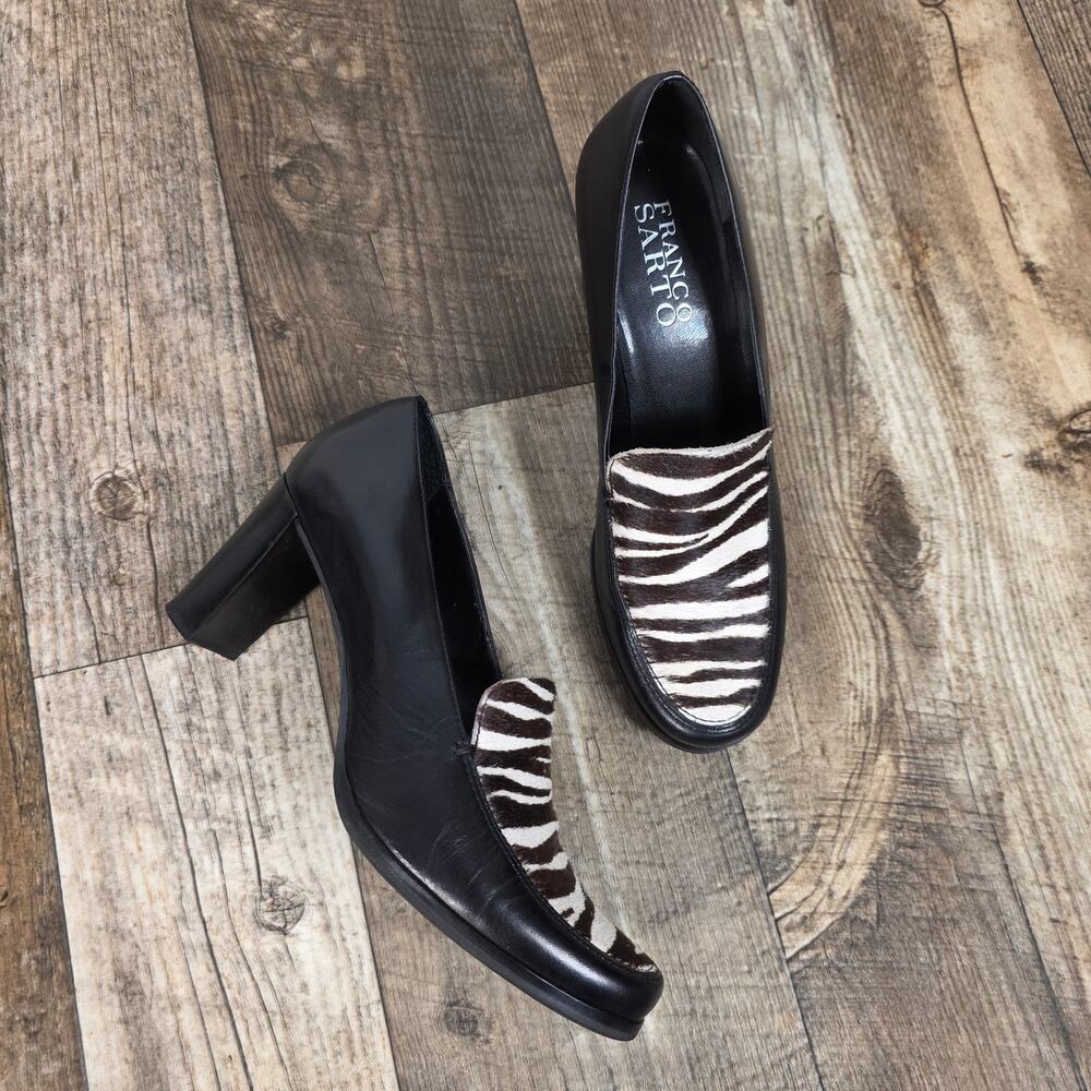 Vintage Franco Sarto Zebra Calf Hair Loafer SZ 9 Black Leather Block Heel Chucky